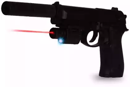Пистолет пластмассовый 218C с лазером, фонариком и глушителем 32см