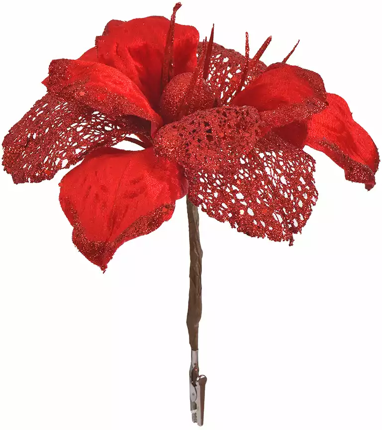 Новогоднее украшение Пуансеттия красный 20 см на прищепке HD2020-507
