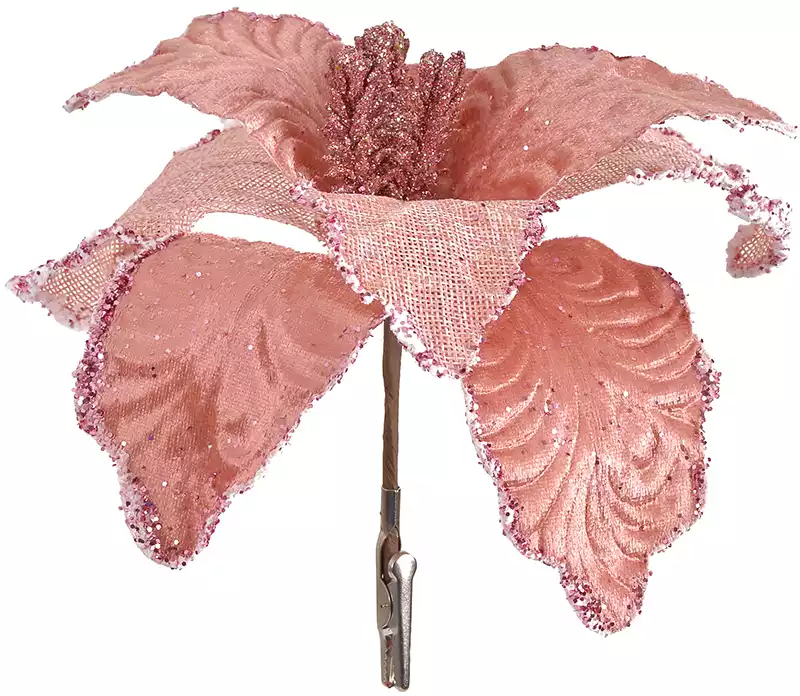 Новогоднее украшение Пуансеттия розовый 24 см на прищепке TJ21-348