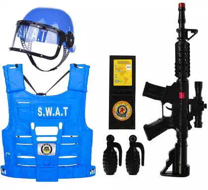 Набор полицейского с автоматом, бронежилетом, каской с защитой глаз и акссесуарами WB SW-204