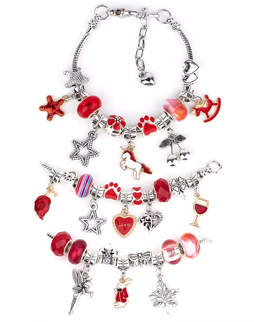 Браслет 3 шт с набором подвесов красный 058D-2502D