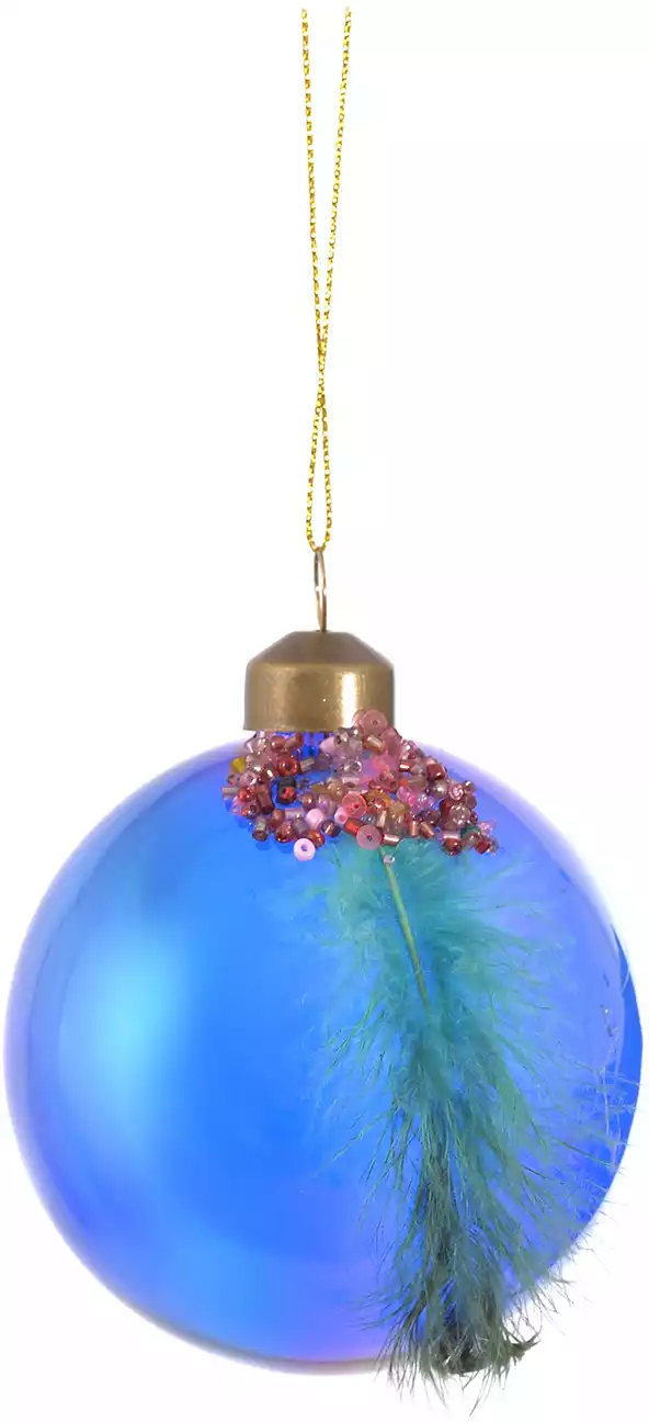 Новогодний шар 8 см стекло синий перо