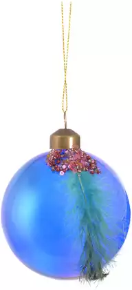 Новогодний шар 8 см стекло синий перо