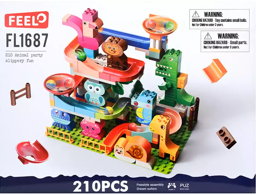 Конструктор блочный Горка с животными FL1687 211 дет.