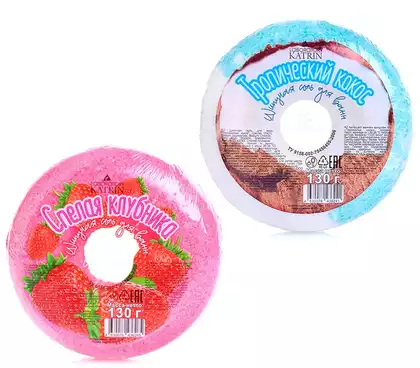 Шипучая соль для ванн Пончик Candy baht bar Тропический кокос / Спелая клубника 130 г