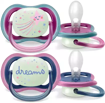 Соска-пустышка силиконовая светящаяся с футляром 6-18 мес, 2 шт.Philips Avent ultra air night SCF376/14