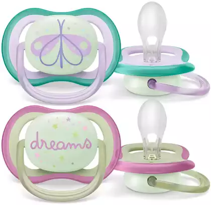 Соска-пустышка силиконовая светящаяся с футляром 0-6 мес, 2 шт. Philips Avent ultra air night SCF376/19