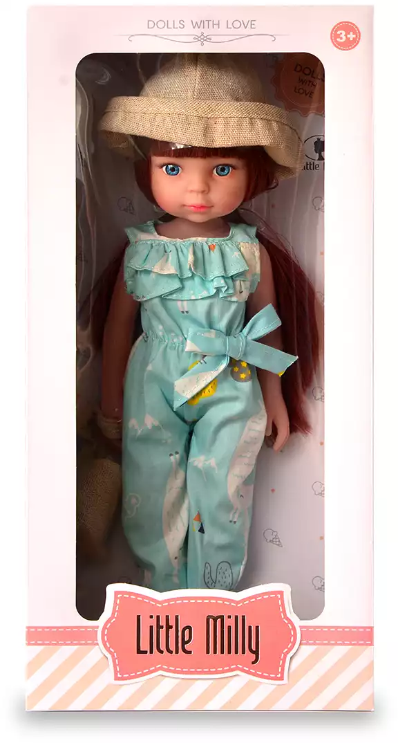 Кукла 91016-J в летнем комбинезоне и шляпе