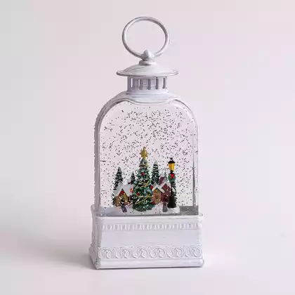 Новогоднее украшение фонарик 20,5 см USB/батарейки белый домик и елка (свет, звук) 058D-6801D