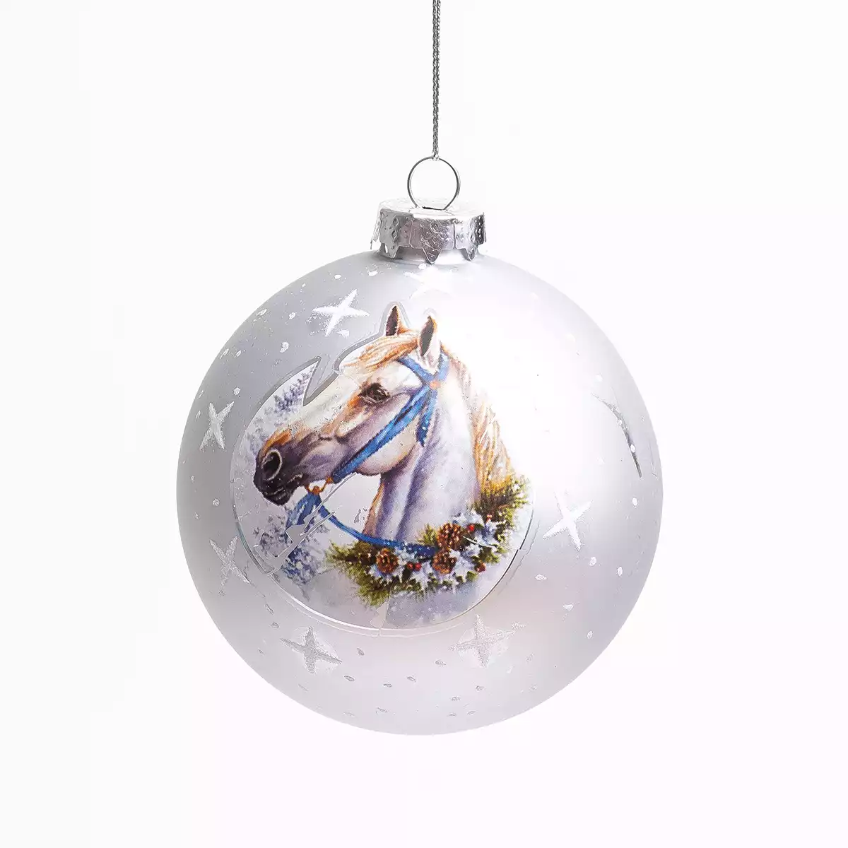 Новогодний шар стеклянный 10 см белый Лошадь 058D-7128D