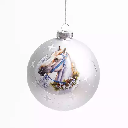 Новогодний шар стеклянный 10 см белый Лошадь 058D-7128D