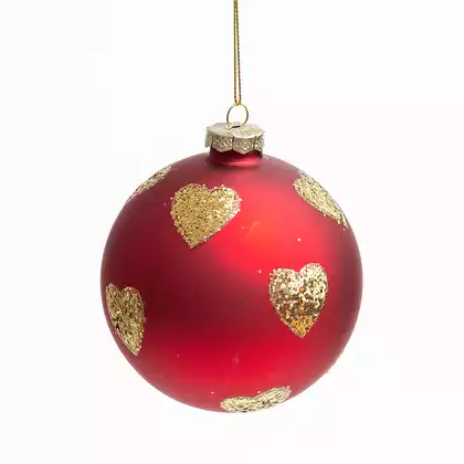 Новогодний шар стеклянный 10 см красный сердца 058D-7144D