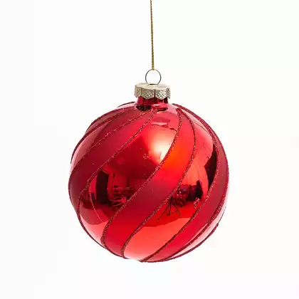 Новогодний шар стеклянный 10 см красный линии 058D-7150D