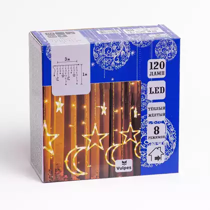 Светодиодная гирлянда 3х1 звезды и луна 120 Led теплый желтый IP20 от сети VUL32