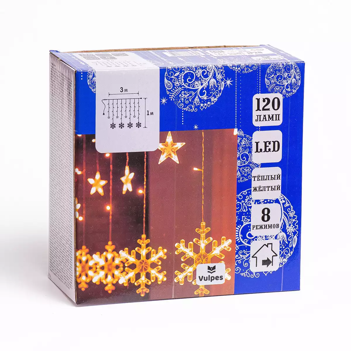 Светодиодная гирлянда 3х1 снежинки 120 Led теплый желтый IP20 от сети VUL34