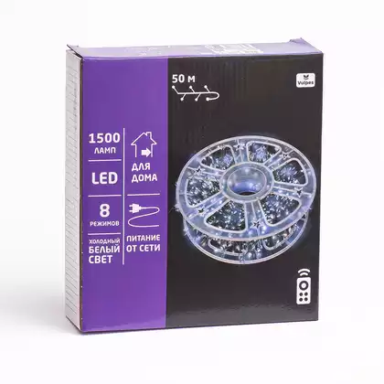 Гирлянда НИТЬ хвойная лапа 50 м 1500 Led холодный белый, от сети, зеленый шнур