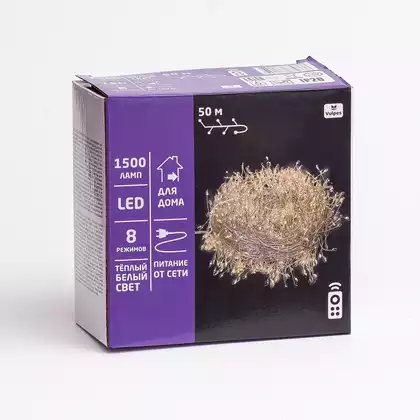 Гирлянда НИТЬ хвойная лапа 50 м 1500 Led теплый белый, от сети, прозрачный шнур IP44