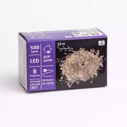 Гирлянда НИТЬ хвойная лапа 10 м 500 led теплый белый,от сети, прозрачный шнур