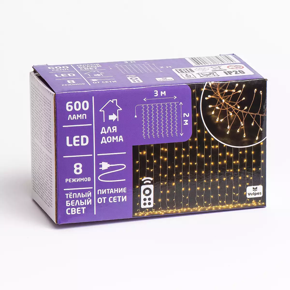 Гирлянда ШТОРА 3х2 600 Led теплый белый,от сети,прозрачный шнур