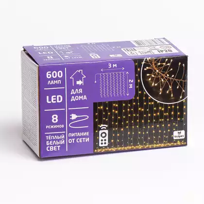 Гирлянда ШТОРА 3х2 600 Led теплый белый,от сети,прозрачный шнур