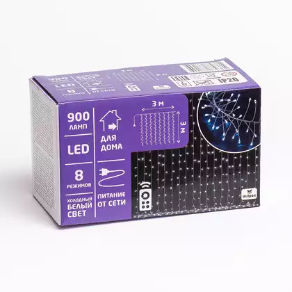 Гирлянда ШТОРА 3х3 900 led холодный белый ,от сети, прозрачный шнур