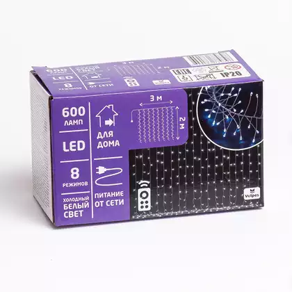 Гирлянда ШТОРА 3х2 600 Led холодный белый,от сети,прозрачный шнур