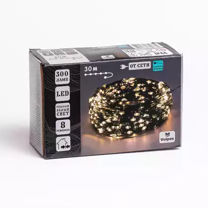 Светодиодная гирлянда Нить Роса 30 м 300 Led теплый белый, IP44, от сети, зел.провод