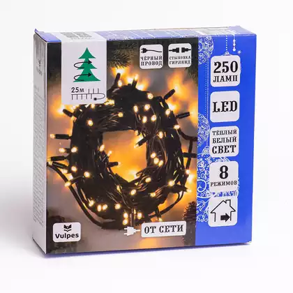 Светодиодная гирлянда НИТЬ 25 м 250 Led теплый белый 8 режимов, IP20 от сети,черный провод