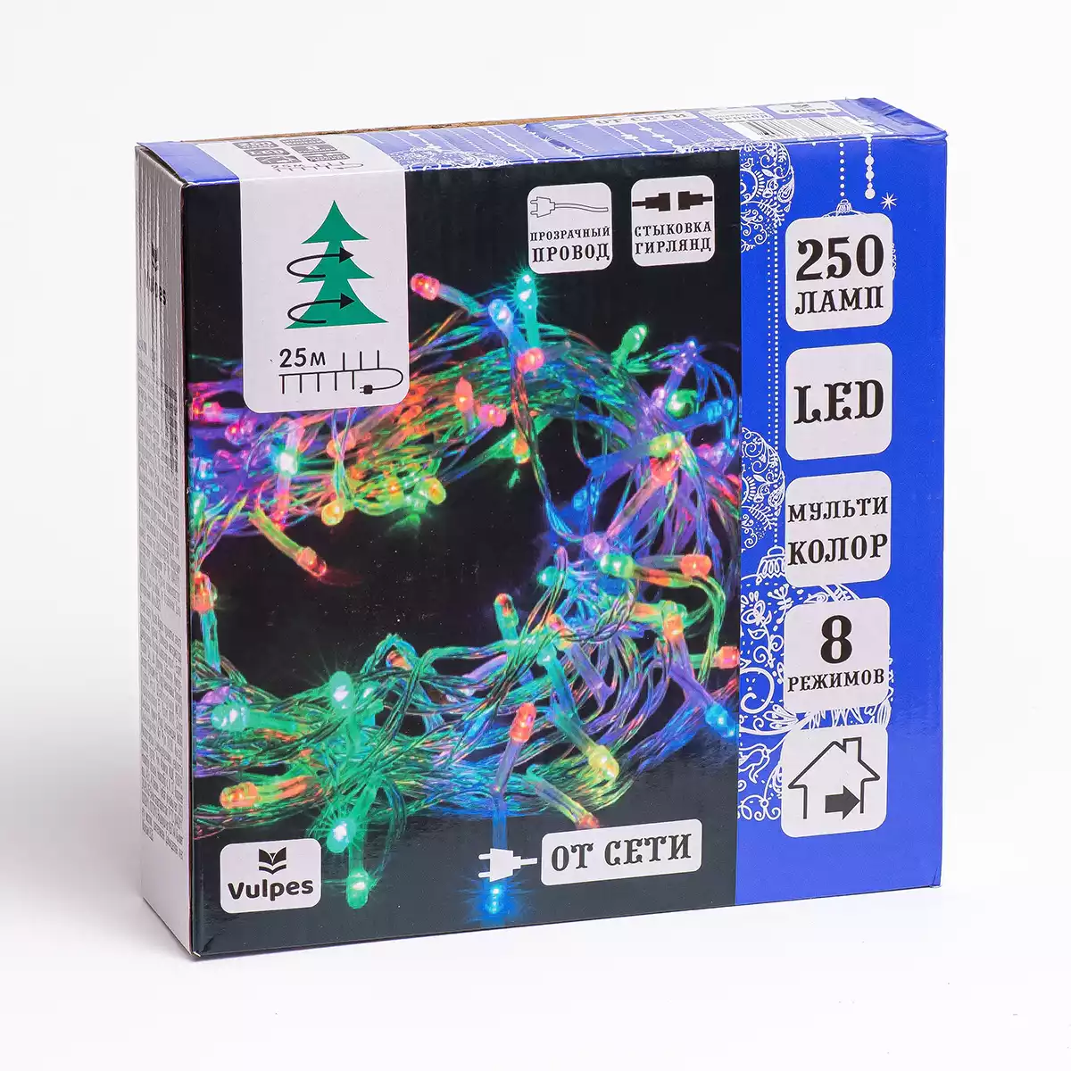Светодиодная гирлянда НИТЬ 25 м 250 Led,мультиколор,8 режимов, IP20 от сети,прозрачн.провод