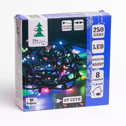 Светодиодная гирлянда НИТЬ 25м 250 Led ,мультиколор ,8 режимов, IP20 от сети,черный провод