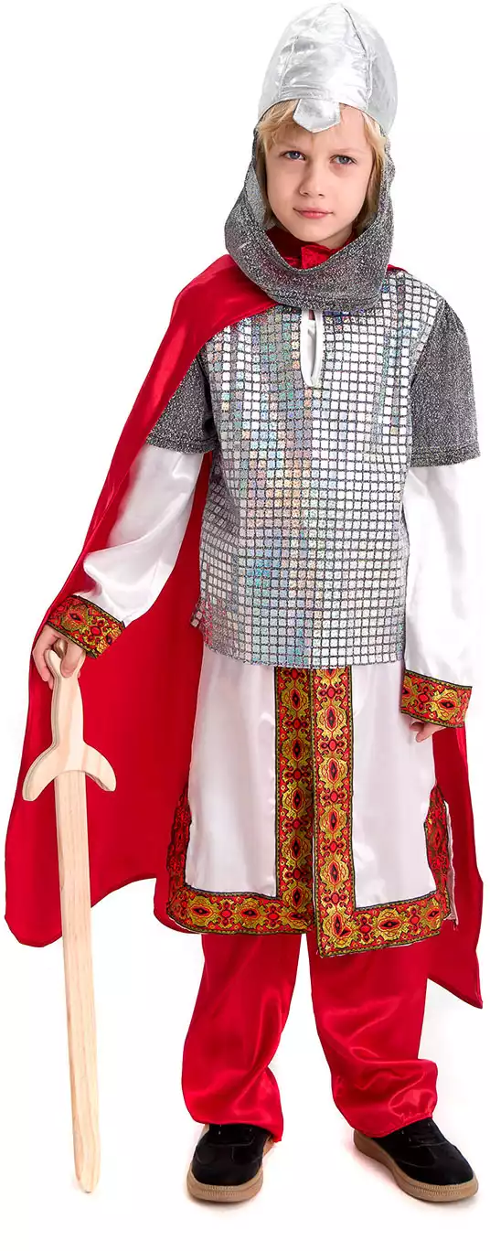 Костюм для мальчика( рубашка бел, брюки, шлем,рубашка сер, накидка) (Богатырь ) 058D-7211D в/п р.120