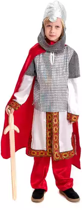 Костюм для мальчика( рубашка бел, брюки, шлем,рубашка сер, накидка) (Богатырь ) 058D-7211D в/п р.120