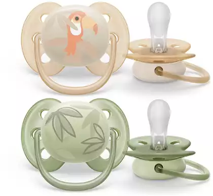 Пустышка Philips Avent ultra soft, попугай/листочки 0-6мес 2шт SCF091/07