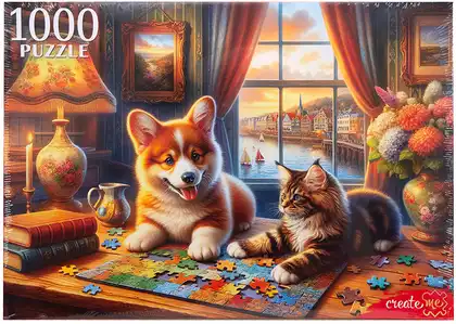 Пазл 1000 эл.Кот и щенок за пазлами Ф1000-2860 Рыжий кот